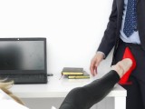 footjob in the office, guy cum on the legs of the secretary